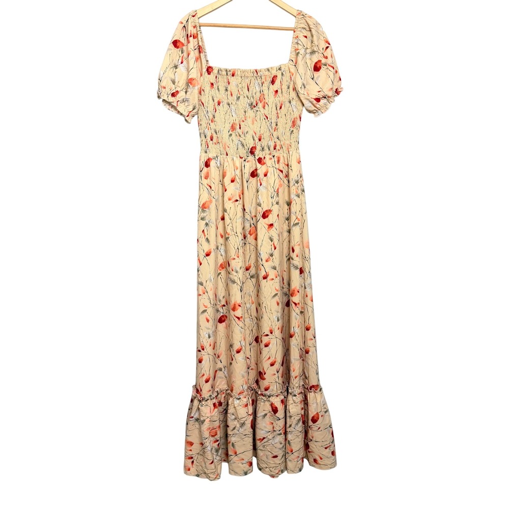 Baltic Born Fall Leaves Print Smocked Maxi Dress Cream Orange Size M Occasion